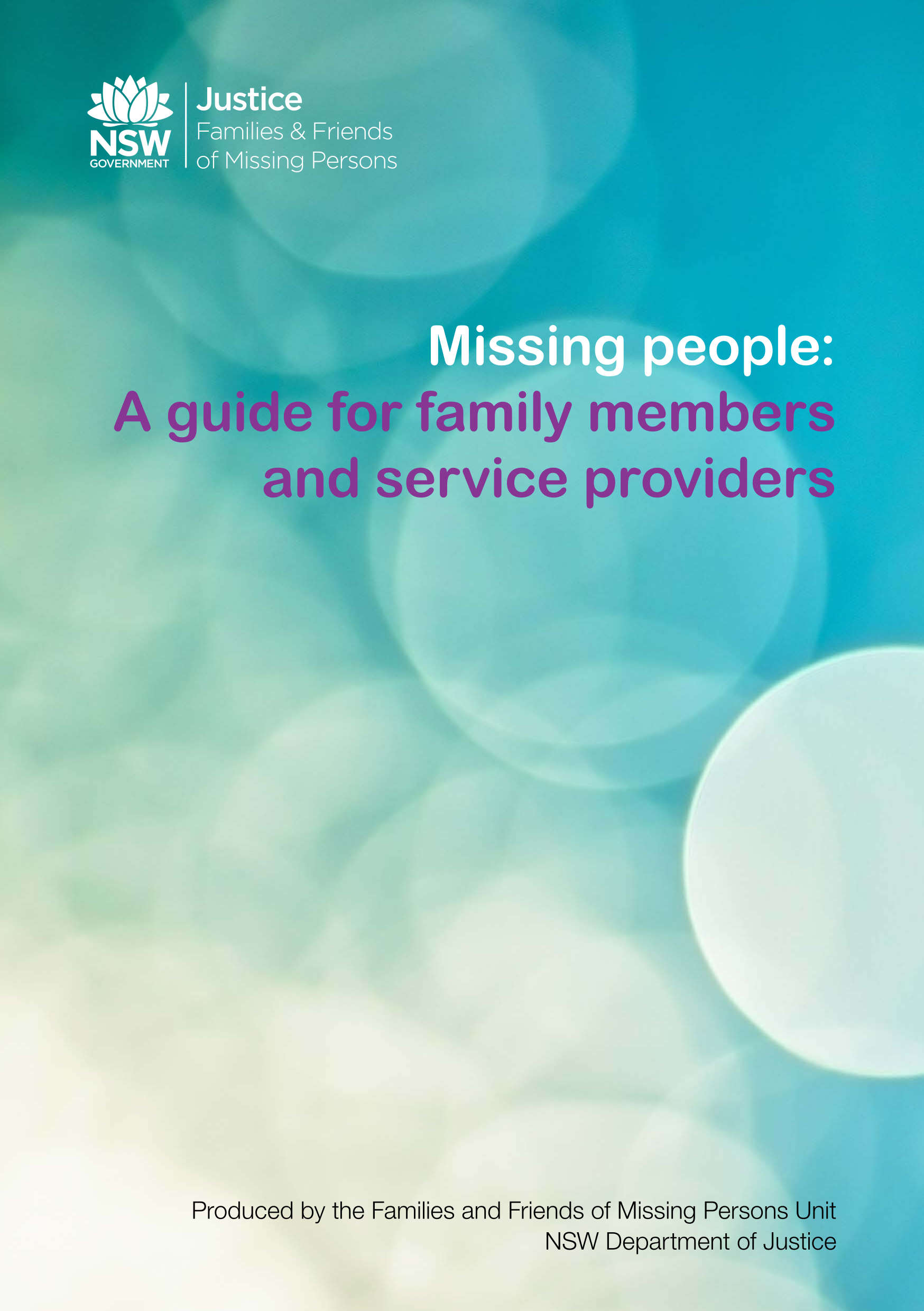 Cover of Missing People a guide for family members and service providers with blue bubbles